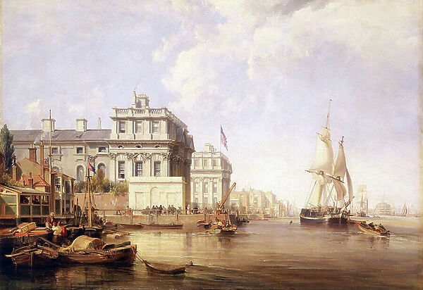 View of Greenwich Hospital, from the north bank of the Thames, 1835, with fishing activities on the river. Oil on canvas, 1835, by George Chambers (1803-1840)