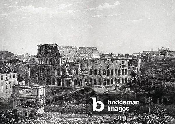 View of Italy: The Colisee in Rome. Engraving by SALATHE, 19th century after the Daguerrian photographic excursions. In ' Most Remarkable Views and Monuments of the Universe'. Private collection