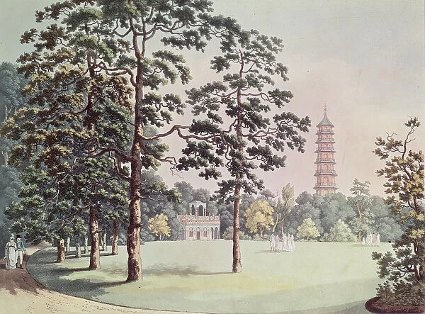 A View in Kew Gardens of the Alhambra and Pagoda, engraved by Heinrich Joseph Schutz