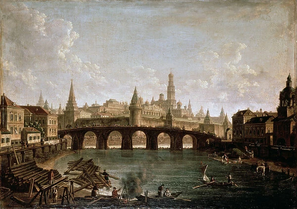 View of the Kremlin and the Kamenny Bridge in Moscow, 1810s (oil on canvas)