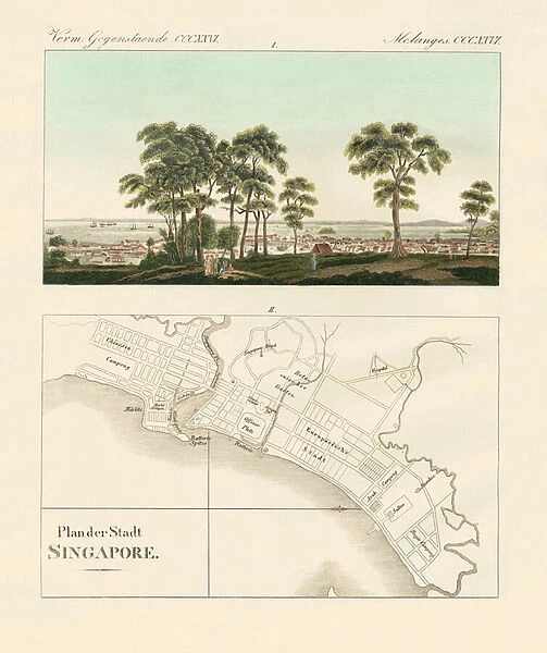 View and map of the East Indian establishment Singapore (coloured engraving)