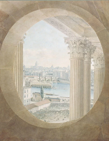 View of the Pont Neuf from a Bulls Eye Window of the Louvre, 1810 (w  /  c on paper)
