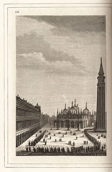 View of a procession in Piazza San Marco, Venice, 16th century. 1859-1860 (engraving)