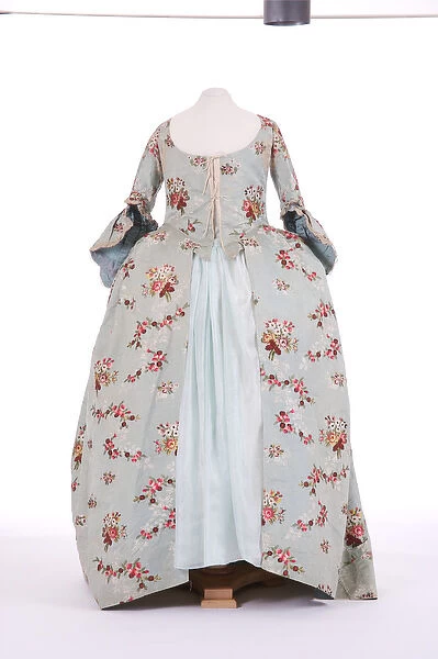 Front view of a sack back dress, 1760s (brocaded silk)