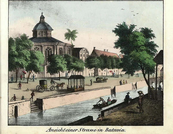 View of a street along a canal, with couplers, Europeans and natives of Batavia (present-day Jakarta, Indonesia), around 1800, when it was a Dutch colony