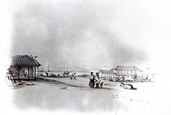 View of Valparaiso, 1834 (pencil & w  /  c on paper) (b  /  w photo)