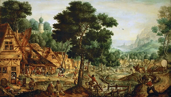 Village flamand - Flemish village life - Hans Bol (1534-1593). Oil on wood, ca 1562