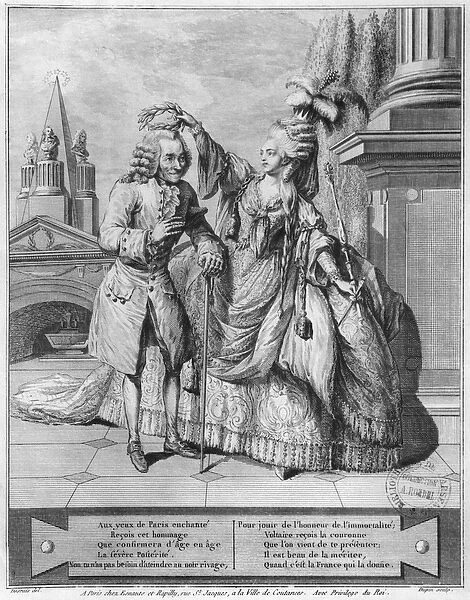 Voltaire crowned by Mademoiselle Clairon, engraved by Jean Victor (b. 1718) 1791