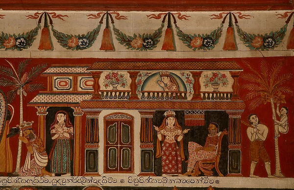 Wall painting depicting a singhalese house in the Subdharama Temple, Dehiwala (mural)