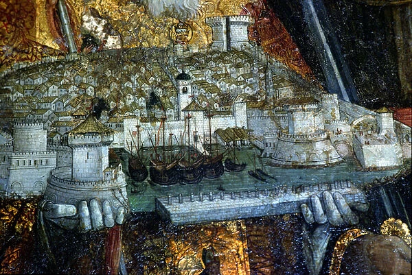 The walled city carried by St. Blaise (oil on panel) (detail) (see 136814)