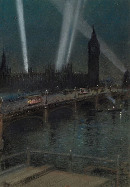 War Searchlights over Westminster Bridge, 1917 (pastel)