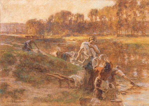 Washerwomen in sunlit river landscape