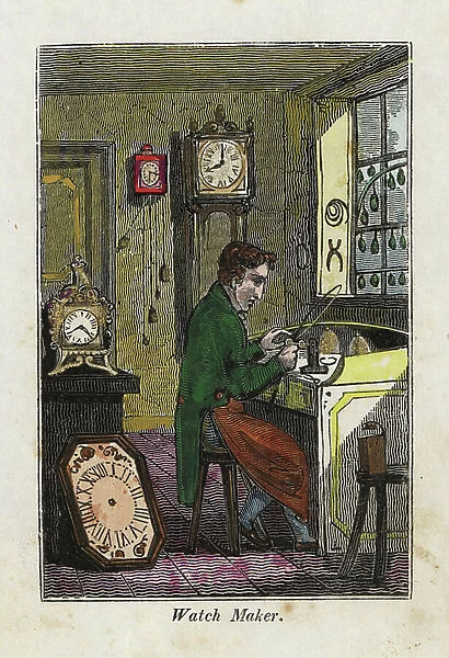 Watch maker in apron seated at his bench making metal gears. Handcoloured woodcut engraving from The Book of English Trades and Library of the Useful Arts