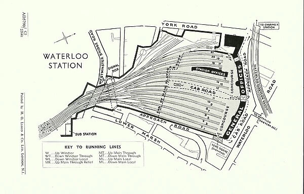 Waterloo Station, Plan and Key to Running Lines, c.1948 (b / w photo)