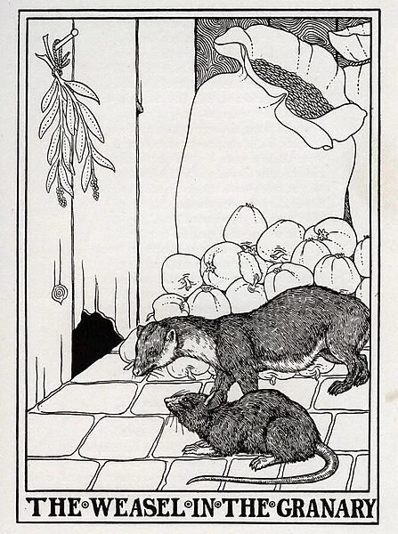 The Weasel In The Granary (Collection 1, Book 3, fable 17) - engraving from 'A Hundred Fables of La Fontaine'Illustrated by Percy J. Billinghurst (1871-1933) - 1899