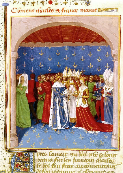 Wedding of French king Charles IV (1294-1328) with his 2nd wife Mary of Luxemburg on september 21, 1322, illumination by Jean Fouquet from 'Grandes Chroniques de France', c. 1455-1460