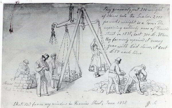 Weighing out stones on Francis Street, London, 1838 (pencil on paper)