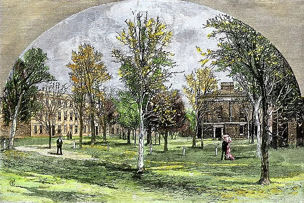 West Hall and Williams University Library in Williamstown, years 1880. Colour engraving of the 19th century