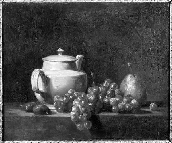 White Teapot with Two Chestnuts, White Grapes and a Pear (oil on canvas) (b  /  w photo)