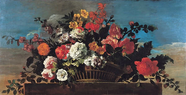 Wicker Basket of Flowers (oil on canvas)