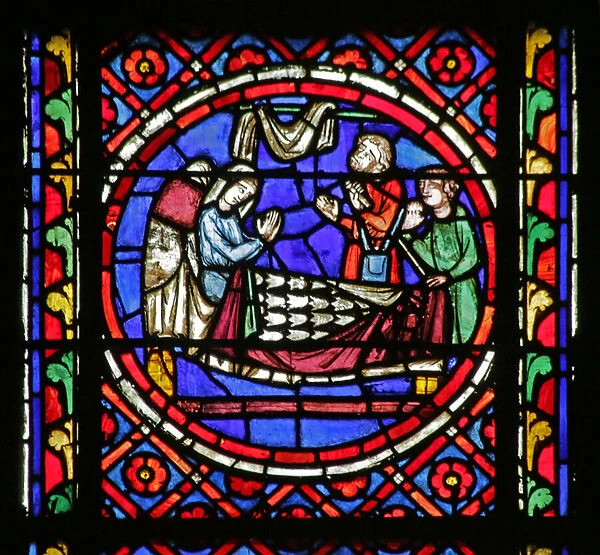 Window depicting the Blind Bedridden Blanda hearing the Travellers