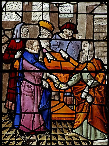 Window s3 depicting Judas receives the 30 pieces of silver (stained glass)