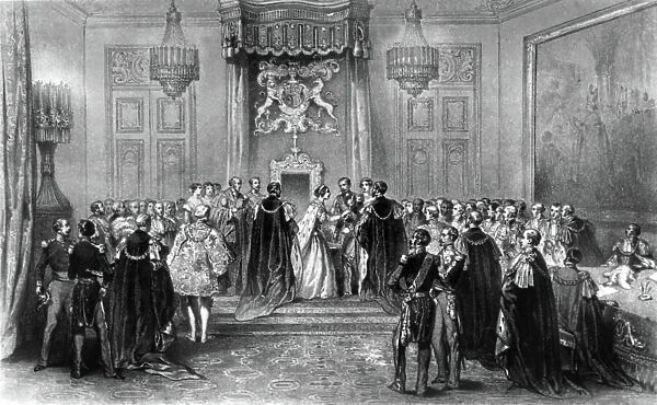 In Windsor castle, queen of England Victoria giving Order of the Garter. to French emperor Napoleon III, 1855, engraving