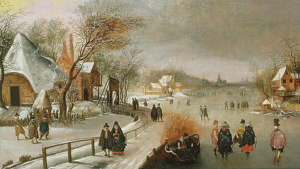 Winter Landscape with Skaters (oil on panel)