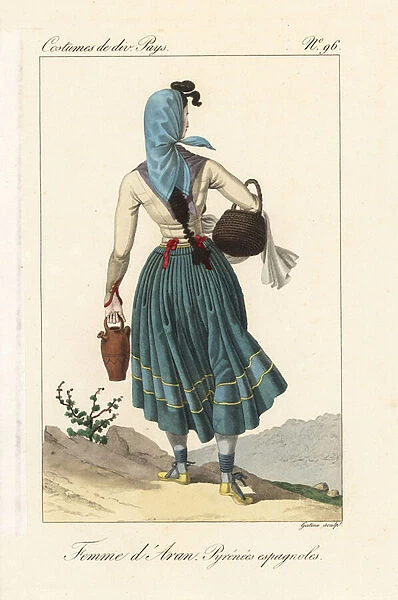 Woman of Aran, Catalonia, Spanish Pyrenees, 19th century. She wears a kerchief over her hair braided with ribbons, fichu, wool skirt, and carries a basket and earthenware jug