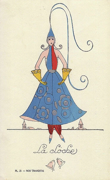 Woman in bell fancy dress costume, la bell, with bell-shaped hat, dress and gloves, and belltowers in the background. Lithograph by unknown artist with stencil handcolouring from '' Nos Travestis'' (Our Fancy Dress Costumes), Paris, 1928