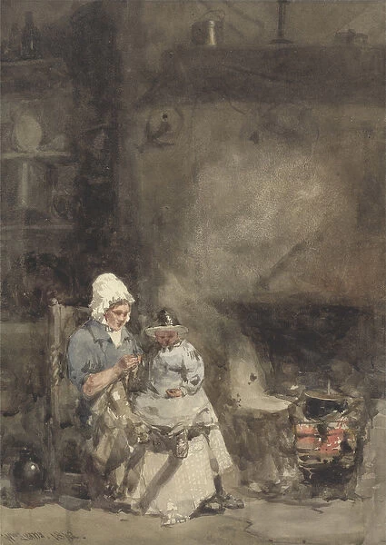 A Woman and Child by a Hearth, 1842 (w  /  c over graphite on paper)