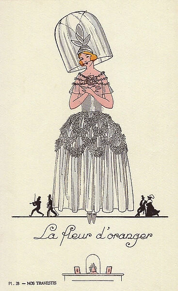 Woman in fancy dress costume as La fleur d'orange, with silver dress, glass hat and ballet shoes. La fleur d'orange was a short ballet by Andre Messager first performed in 1878 at the Folies Bergere