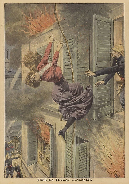 A woman killed trying to escape from a burning apartment building in Marseilles (colour litho)
