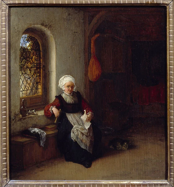 The woman has the letter. Painting by Adrien Van Ostade (1610-1685) Ec. Hol