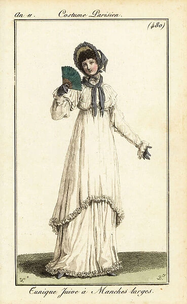 Woman in morning dress with calf-length tunic, Paris, 1803. (engraving)