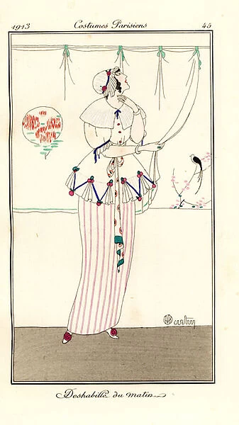 Woman in morning outfit of skirt, blouse and bonnet, 1912 (stencil)