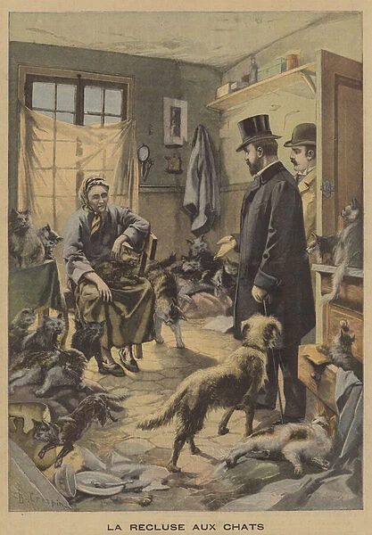 A woman recluse with many cats (colour litho)