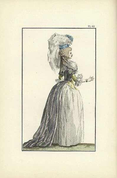 Woman in satin robe a la turkish in violet and green stripes, canary corset, white petticoat and fichu, and a bonnet a la turkish decorated with heron plumes