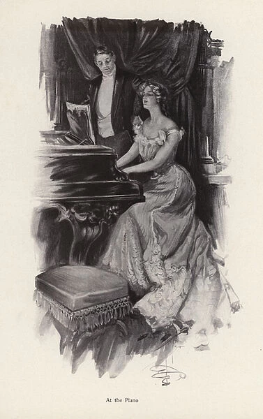 Woman singing at the piano (litho)