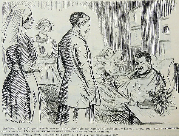 Woman surgeon and suffragist treating wounded soldeirs during the First World War. Cartoon from ''Punch'', London, 1915