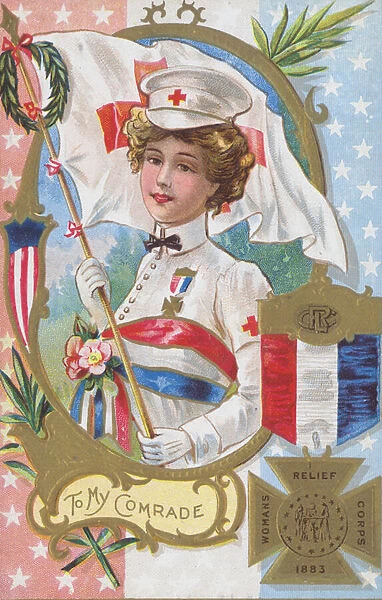 A woman from the Womans Relief Corps, established in 1883, and the medal she would have received (chromolitho)