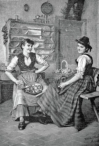 Two woman at work in the kitchen, cleaning vegetables, 1880, Austria