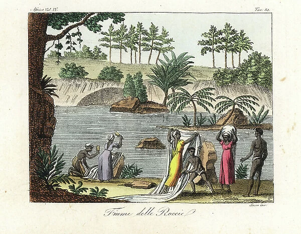 Women beating clothes and washing and drying fabric on rocks in a river in Madagascar. Handcoloured copperplate engraving by Antonio Sasso from Giulio Ferrario's Ancient and Modern Costumes of all the Peoples of the World, 1843