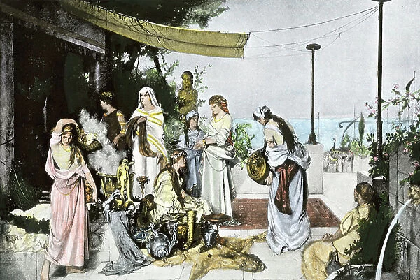 Women of Carthage sacrificing their hair and jewelry to buy weapons and defend themselves against the invasion of the Romans in 146 BC. Colourful engraving of the 19th century