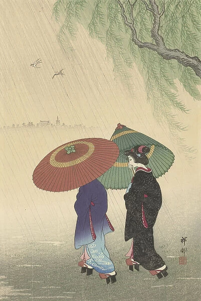 Two women in the rain, 1925-36 (colour woodcut)