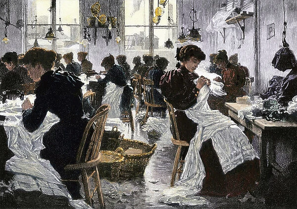 Women sewing white fabrics in the department factory of a department store, New York, USA, 1890. Colour engraving of the 19th century