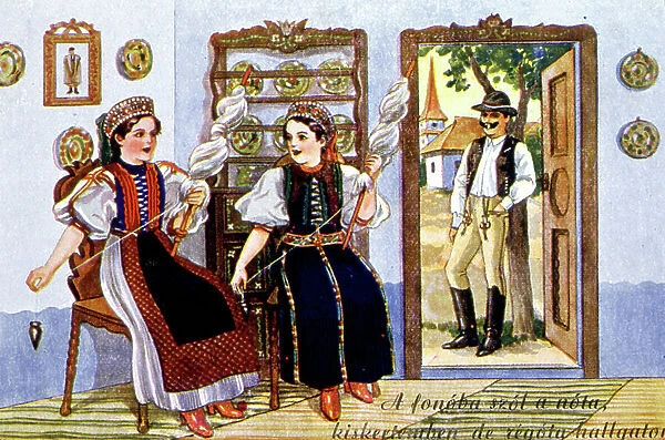 women spinning wool, Hungary, postcard c. 1910-1920