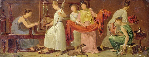 Six Women Weaving in an Interior (oil on paper laid down on panel)