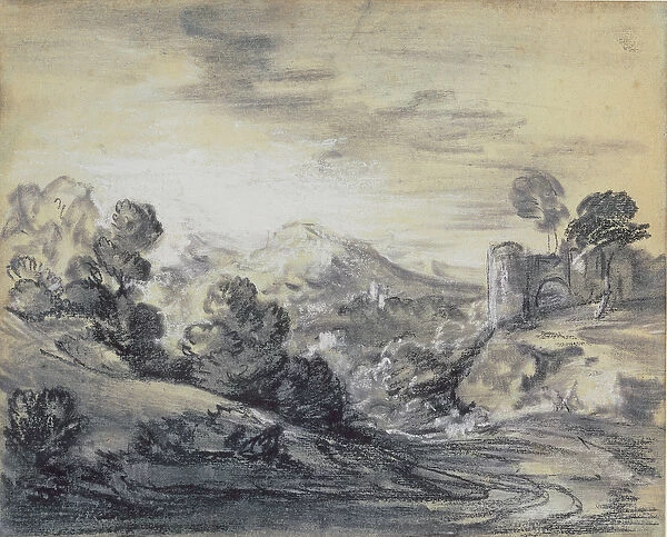 Wooded Landscape with Castle, c. 1785-88 (black & white chalk on laid paper)