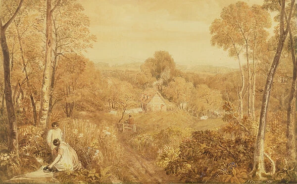 Wooded landscape with cottages and countrywomen, Hurley, Berks, 1818 (w  /  c over graphite